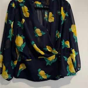 Eva Mendes for New York & Company Navy and Yellow Floral Blouse